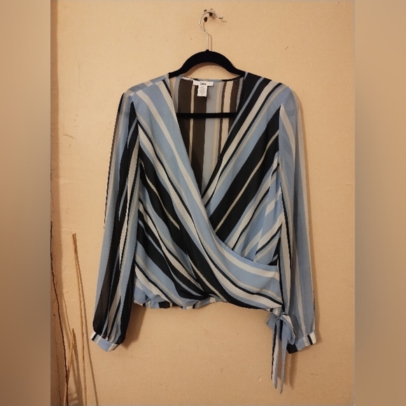 Barbara III Striped Blue, White & Black Long Sleeve Side Tie Faux Wrap Top Med. - Picture 1 of 8